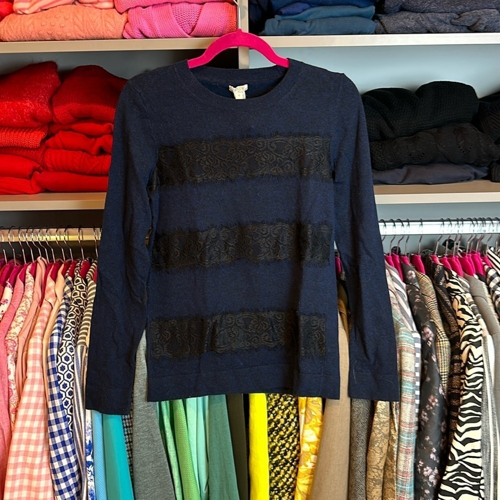 J Crew navy with black lace long sleeve sweater size XS NWT